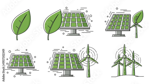 A visually appealing collection of stylized green energy icons showcasing leaves, solar panels, and wind turbines, embodying renewable power generation and ecological sustainability through modern