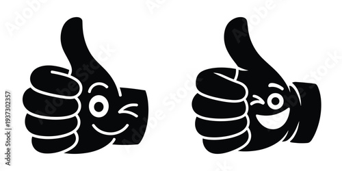 Funny Thumbs Up Character with Winking Face Vector Silhouette Set - April Fools Day Prank and Positive Feedback Concept Art