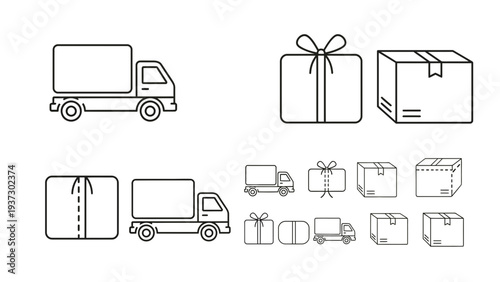 A collection of minimalist line icons representing various delivery trucks, wrapped gifts, and shipping boxes for logistics concepts.