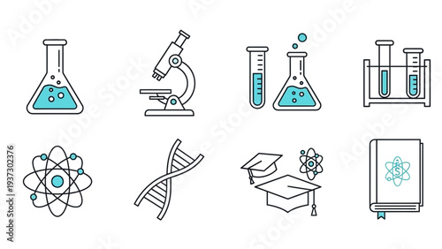 A collection of minimal line icons depicting essential scientific laboratory equipment, academic symbols, and molecular structures for educational concepts.
