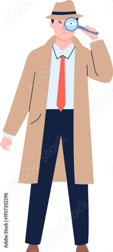 Detective search for clues. Man in retro coat hold magnify glass