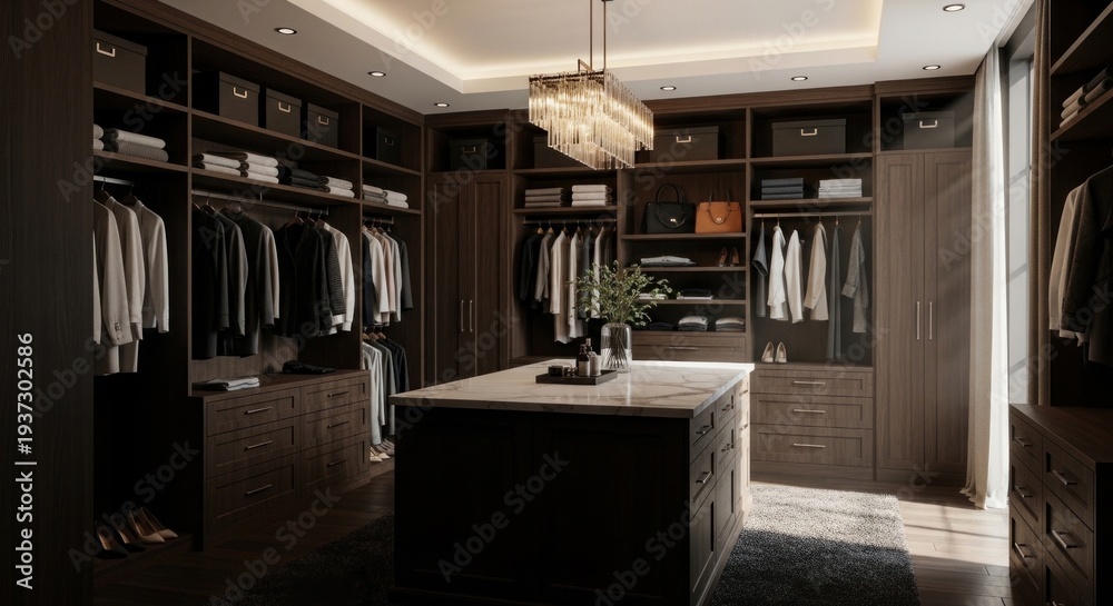 Obraz premium Elegant walk in closet with stylish clothes and organized storage space