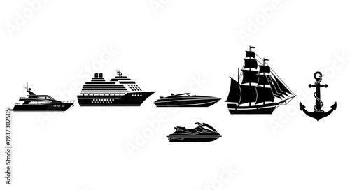 Collection of nautical vessels and anchor illustration.