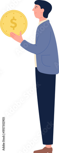 Man hold golden dollar coin. Finance icon