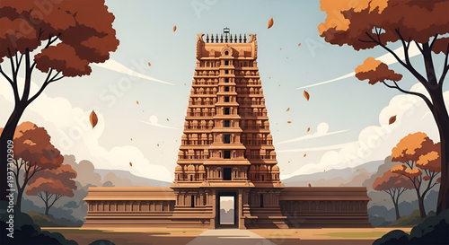 Majestic tamil temple gopuram surrounded by autumn trees during Happy Tamil New Year cultural celebration indian heritage architecture spiritual travel vector illustration
