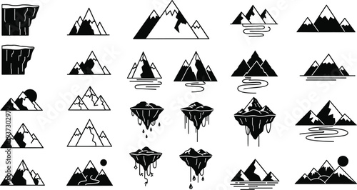 Mountain peak icons, silhouette of mountain range with sun and river, climbing and hiking outdoor adventure, nature landscape and travel elements