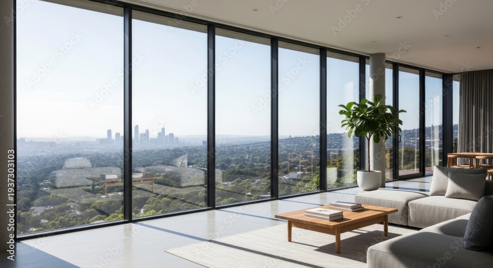 Fototapeta premium Modern living room with large windows overlooking cityscape on sunny day