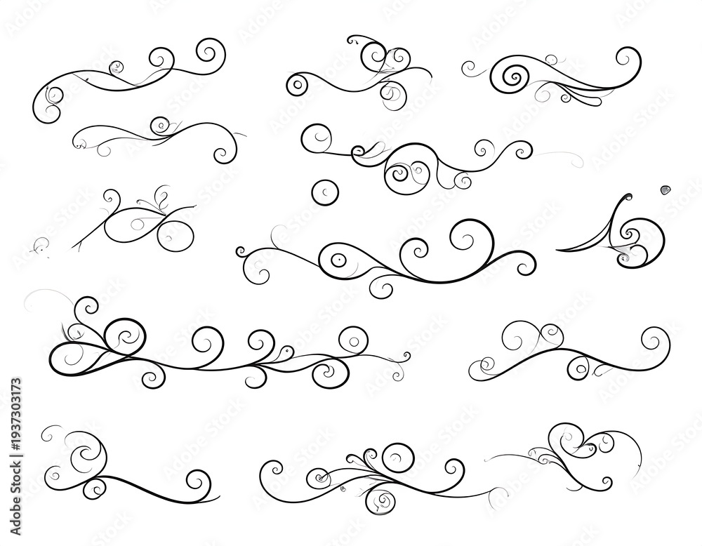 Obraz premium Ornate flourishes Elegant swirly vector scrolls, graphic design elements. Curlicues, curves, spirals, delicate tracery