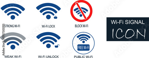 Wi-Fi signal icon set with strong, weak, locked and blocked network symbols