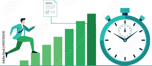 Racing Against Time: A determined figure ascends a staircase-like graph, symbolizing progress and deadlines, underscored by a ticking clock.