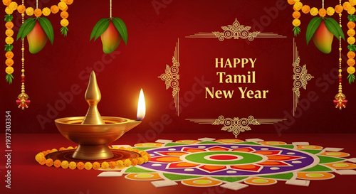 Festive tamil celebration background with lamp rangoli mango decoration for Happy Tamil New Year cultural festival greeting card indian tradition holiday vector illustration