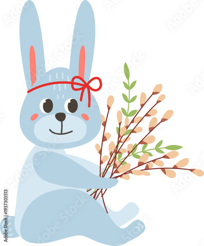 Spring rabbit. Happy bunny hold season flower bouquet