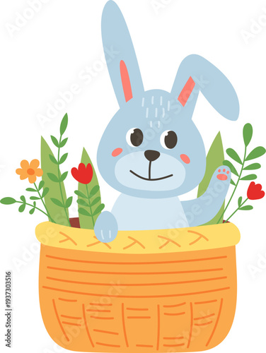 Bunny in spring basket. Floral season card decoration