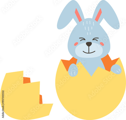 Bunny hatching from egg. Cute rabbit baby character