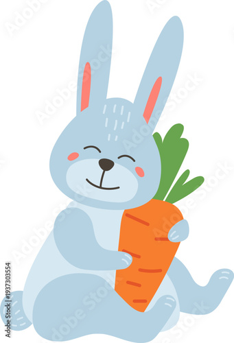 Happy rabbit hold carrot. Cute bunny color character
