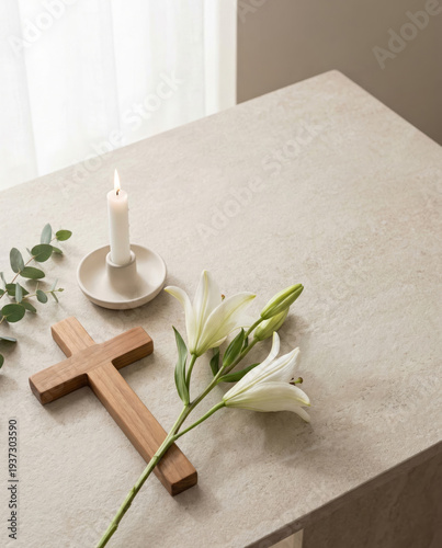 Easter Symbols with Cross, Candle and white lilies.