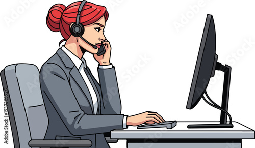Customer Service Excellence: A focused customer service representative provides support at desk setting. She is equipped with a headset and a computer, embodying dedication and empathy in her work.