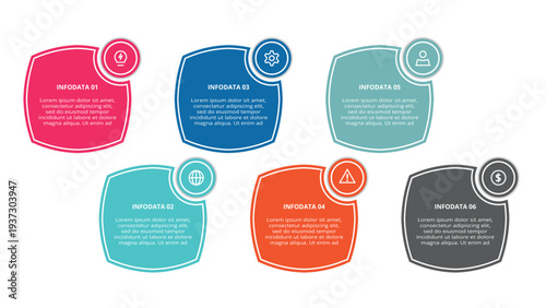 Essential infographic with 6 steps, options, parts or processes. Business data visualization.