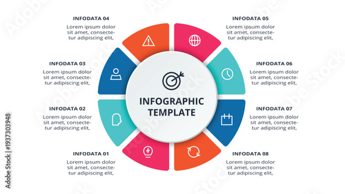 Essential infographic with 8 steps, options, parts or processes. Business data visualization.