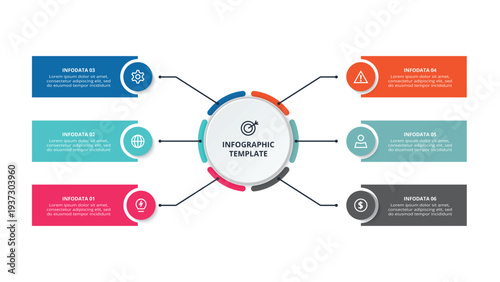 Essential infographic with 6 steps, options, parts or processes. Business data visualization.