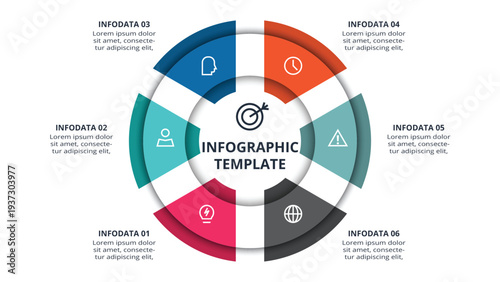Essential infographic with 6 steps, options, parts or processes. Business data visualization.