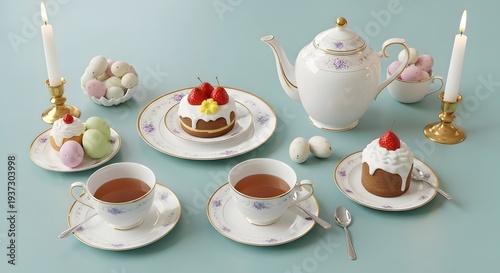 Wallpaper Mural An elegant spread of porcelain teacups, a floral teapot, and individual frosted cakes topped with cherries, illuminated by warm candlelight for a festive Easter brunch. Torontodigital.ca