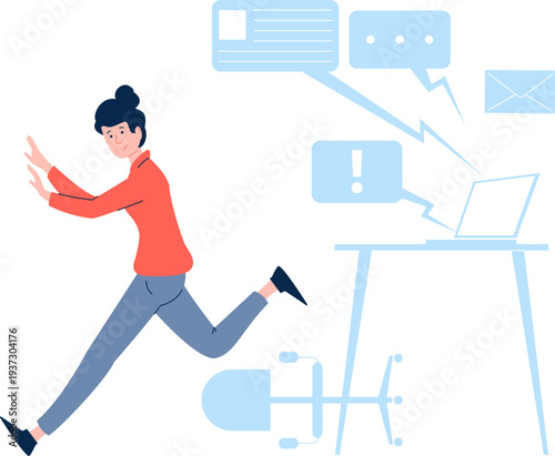 Woman run from social media overload. Information anxiety panic