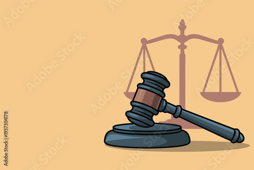 Justice system symbols with gavel and scales, law justice concept