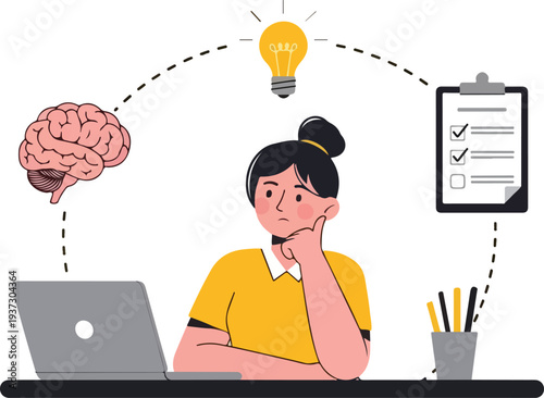 Idea generation: A creative individual contemplates her next innovative idea, symbolized by a glowing lightbulb, brainstorming possibilities and organizing thoughts with a checklist, desk, pen.