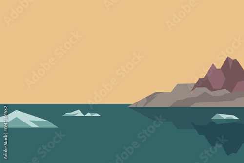 Serene mountain landscape with icy waters and majestic peaks, alpine nature concept