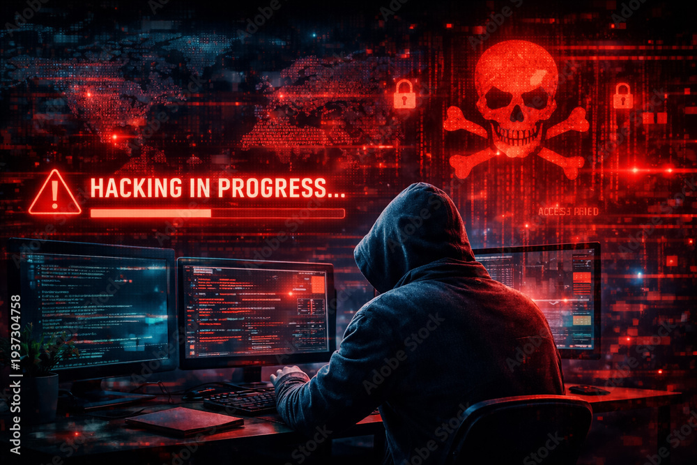Fototapeta premium Cyber security attack concept with hacker at computer and global network interface showing malicious intrusion warning and digital threat visualization