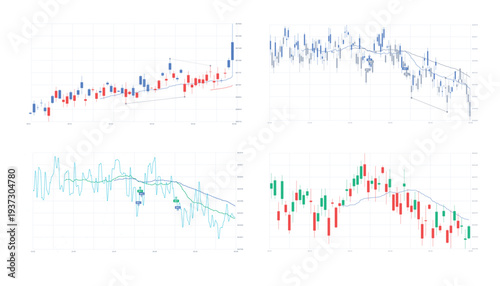 Financial stock market charts with candlestick and line graphs. Business illustration showing trading, investment and market analysis data.