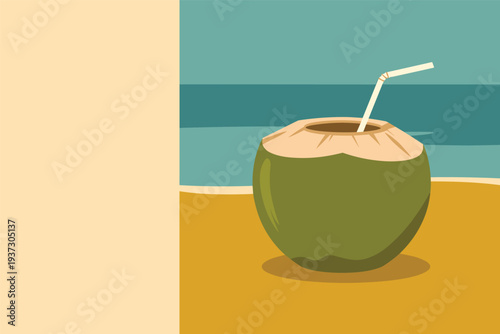 Refreshing coconut drink on a sunny beach, tropical refreshment concept