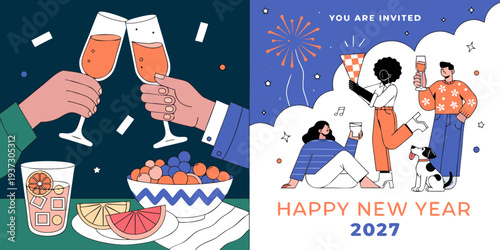 Happy New Year 2027 Invitation – Festive Celebration with Friends, Drinks, Fireworks & Cheer | Modern Holiday Design for Parties and Gatherings
