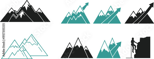 Mountain peak silhouette with upward arrow, outdoor adventure climbing, success goal achievement, nature landscape, summit hiking, progress icon vector illustration