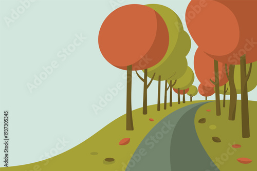 Serene autumn landscape with winding road and vibrant trees, autumn travel concept