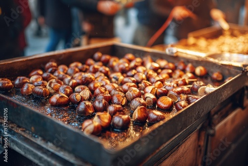 Roasted chestnuts on street vendor grill in bustling urban market scene