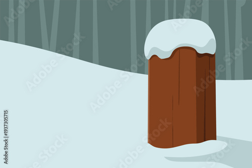 Snowy wooden trash can in winter landscape, winter environment concept