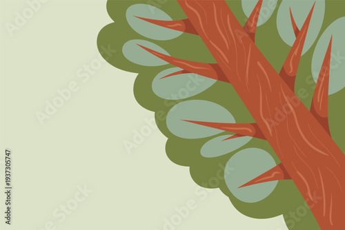 Vibrant tree branch with green leaves and thorns on trunk, botanical nature concept