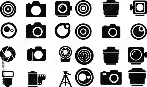 Photography equipment and camera lens icon set for digital imaging isolated on white background flat