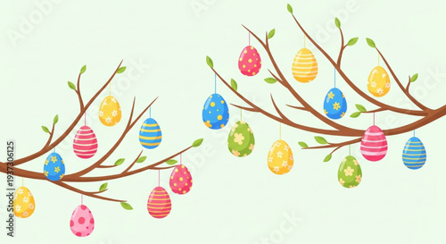 Charming vector illustration of a leafy branch decorated with pastel colored Easter eggs for holiday celebration