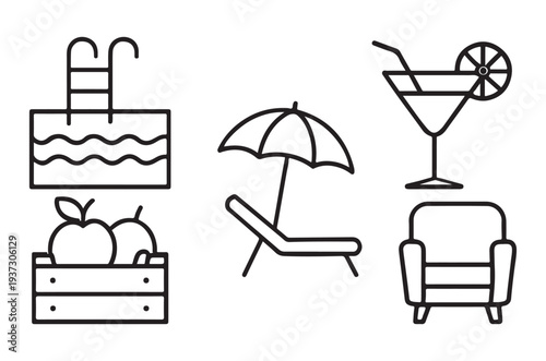 Summer vacation icons pool beach relaxation and refreshment items