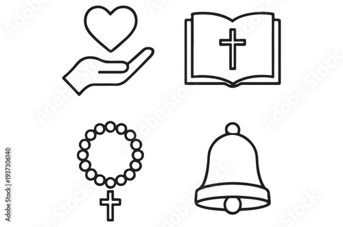 Religious symbols including a heart book rosary and bell outline