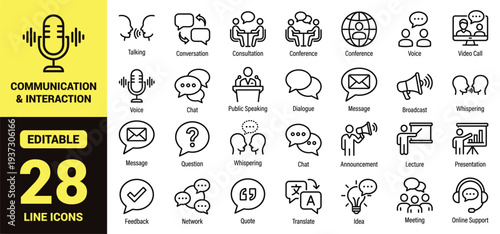 Communication and interaction icon set with talking, conversation, consultation, video calls, broadcasts, presentations, feedback, and essential communication ranking symbols in clean modern