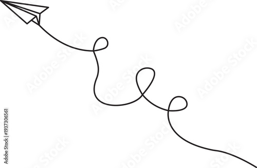 Continuous line drawing of a paper plane flying, travel or freedom concept, minimalistic design