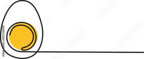 Continuous line art drawing of a boiled egg cut in half with a yolk, breakfast food concept