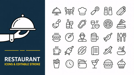 A comprehensive set of minimalist line icons representing various restaurant, food, and dining elements with editable strokes.