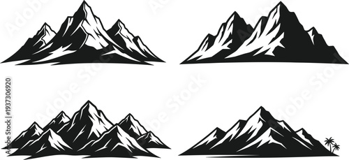 Mountain peak silhouettes, rocky ridge ranges, alpine nature adventure, hiking summits, outdoor exploration elements, wild landscape minimalist vector illustration.