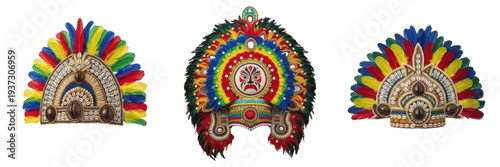 Foto Set of 3 Vibrant Carnival Feather Headdresses with Shells and Beads Transparent