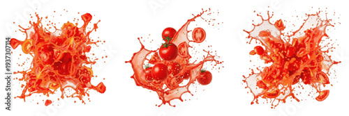 Фотография Set of 3 Fresh Tomato Juice Splashes with Ripe Cherry Tomatoes Transparent Backg